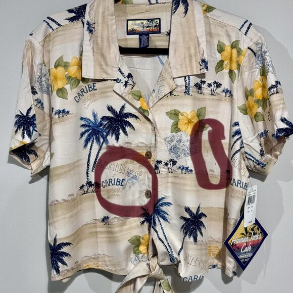 Havana Jack's Cafe Women's Hawaiian Shirt NWT XL Knot Front Crop Tan Yellow READ - Picture 7 of 9